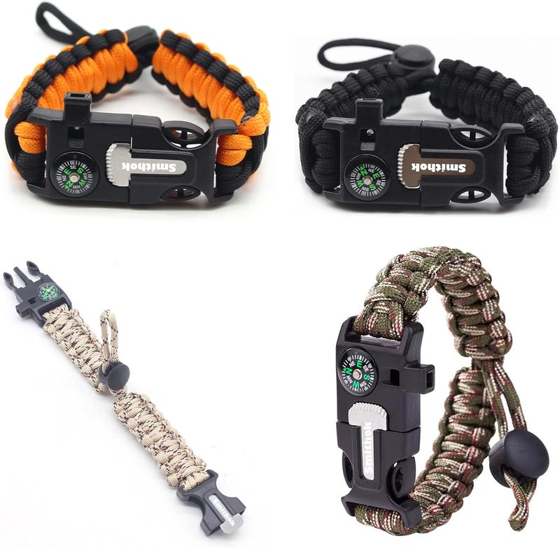 Smithok Paracord Survival Bracelet-Length Adjustable,Loud Whistle Emergency Compass Survival Fire Starter Scraper Accessories for Hiking and Camping and Hunting 4-Pack(Muti-Color) - Image 1